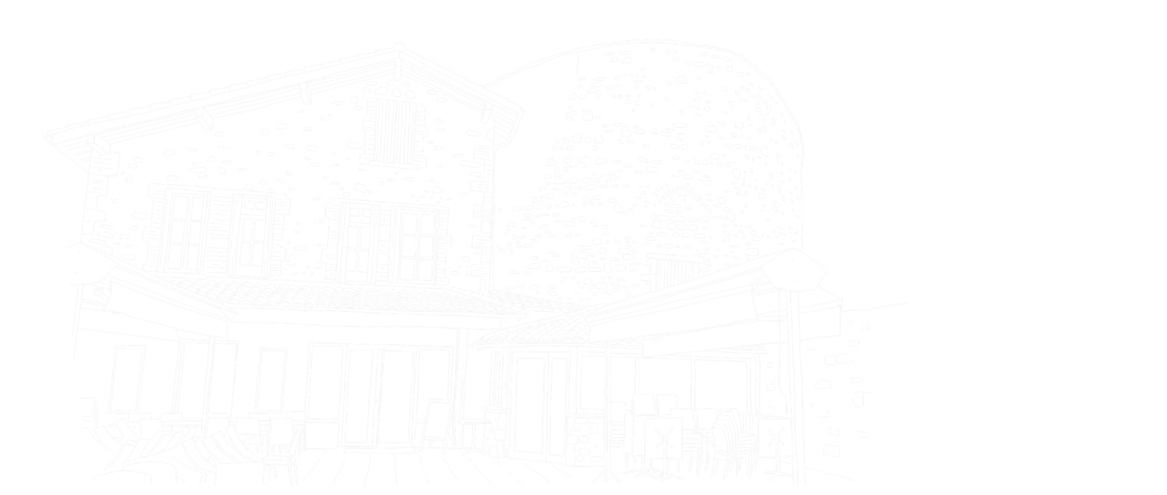 La façade du Clos de l'Abbaye et sa terrasse, dessinée au trait