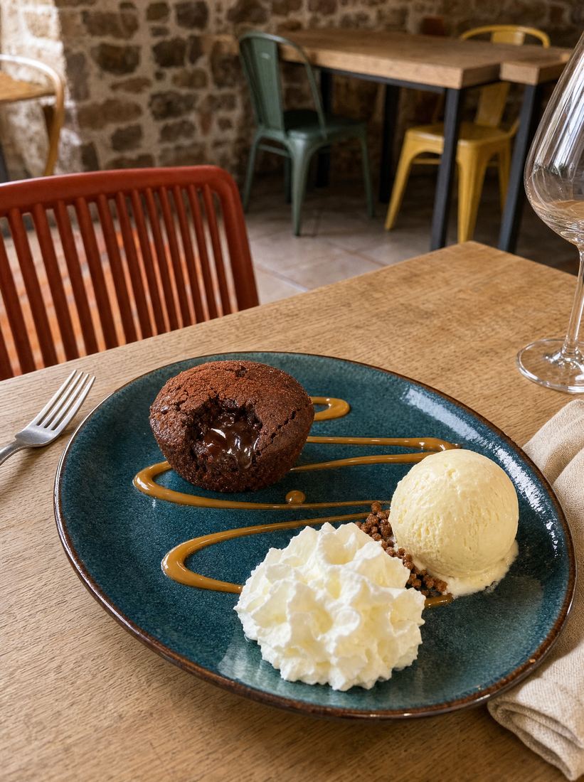 Moelleux au chocolat, glace vanille et chantilly