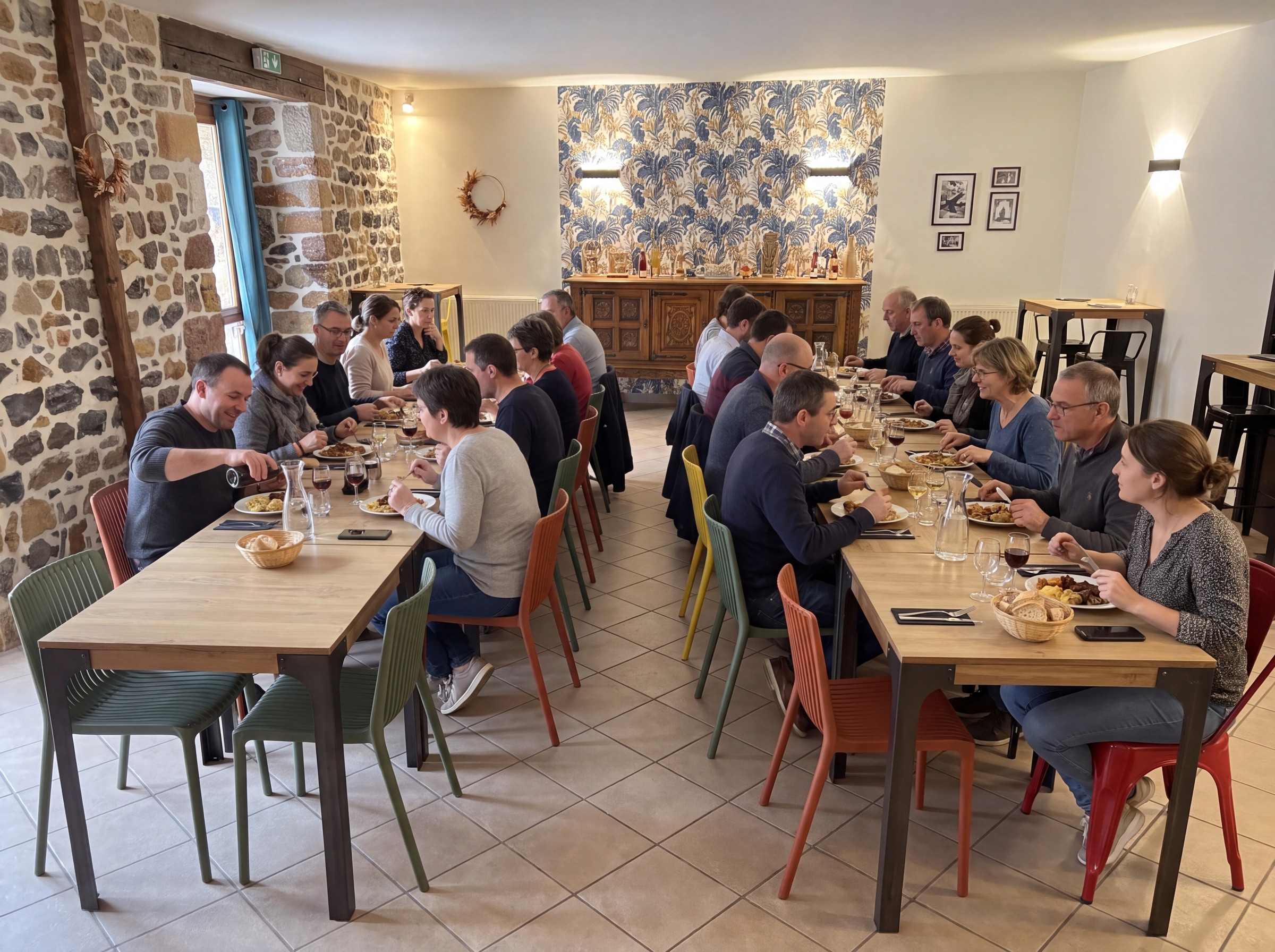 Deux grandes tablées dans la salle du Clos de l'Abbaye, un repas de groupe en cours