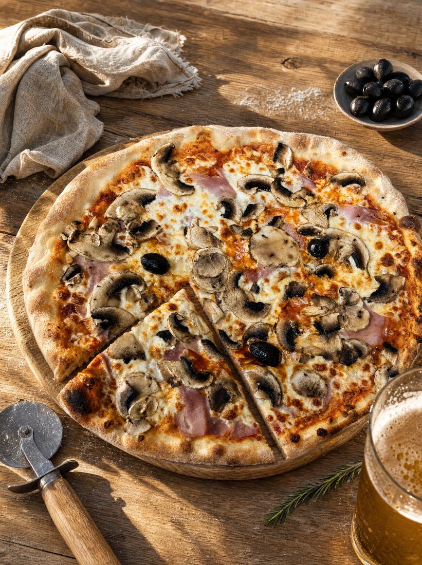 Pizza jambon et champignons sur sa planche
