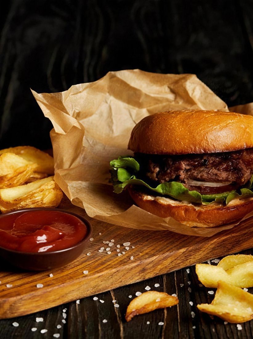 Burger et frites maison servis sur une planche