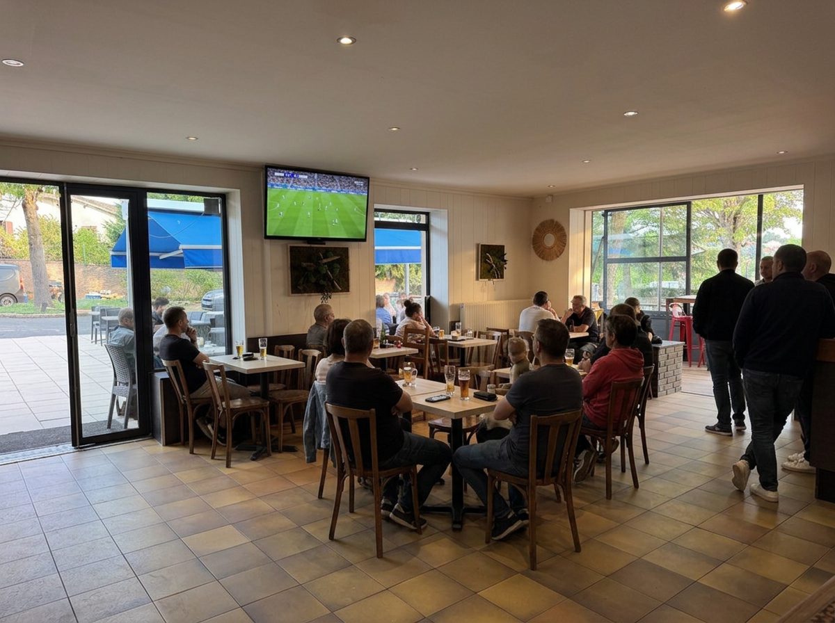 La salle du Clos de l'Abbaye un soir de retransmission, l'écran allumé et les tables pleines