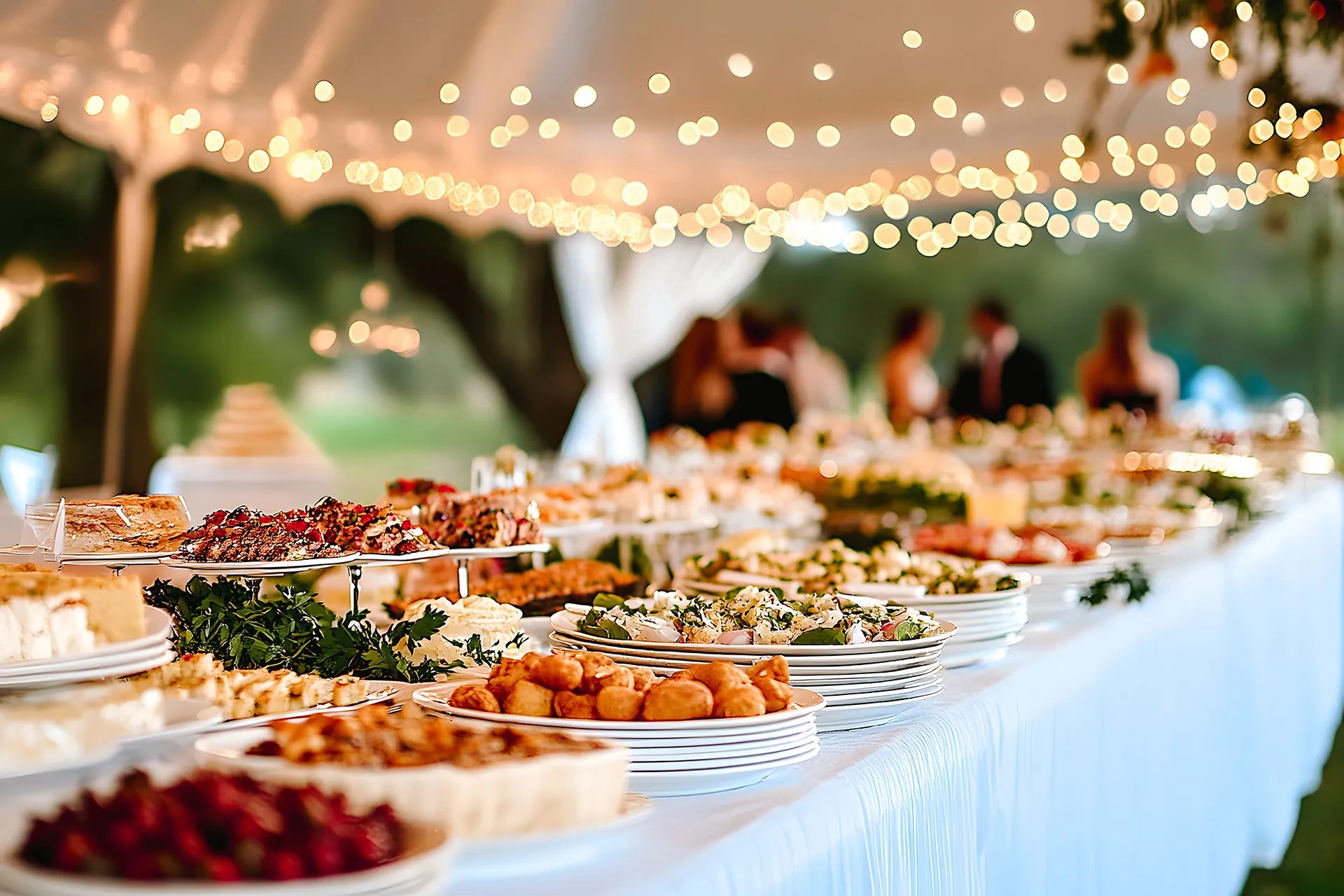 Un buffet de traiteur dressé sous une guirlande de lumières
